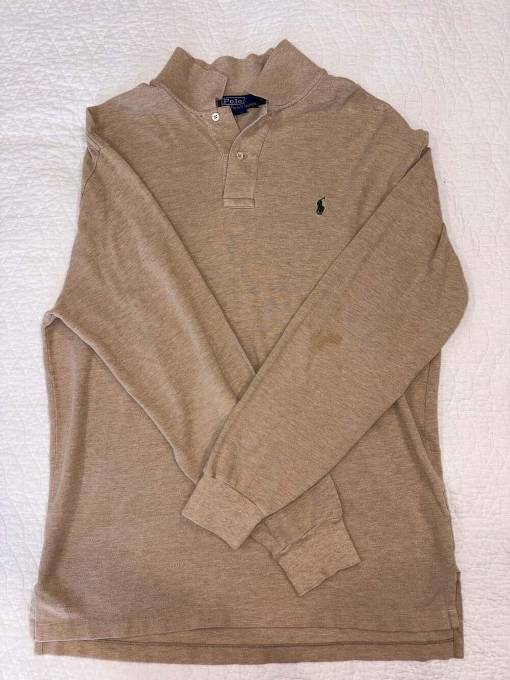 Polo Ralph Lauren Men’s Large Tan Long Sleeve Polo Shirt Green Pony 100% Cotton